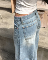 Pink lace denim pants