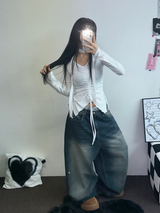 SCARF SET🧸SHRING RUFFLE SLICK POINT SLIM LONG SLEEVE T SHIRT 🧸🤍🖤🩶3COLOR