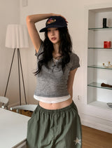 See-through layered button cap sleeve short sleeve