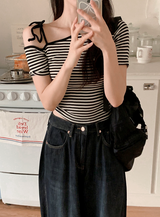 Border Ribbon Off Shoulder Short Sleeve T-Shirt (2color)