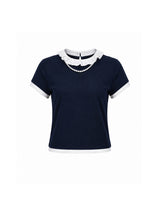セリーパールフリルリンガーハーフTシャツ ネイビー