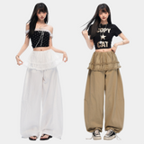 Layered Frill Detail Curved-Leg Casual Pants