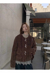 wool no collar brown button fur jacket