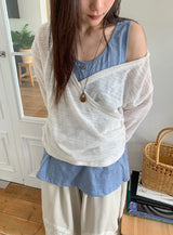 Ryoka Summer Layered V-Neck Wrap Hood Knit