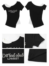 アンバランスオフショルダーパールビーズレイヤードTシャツ