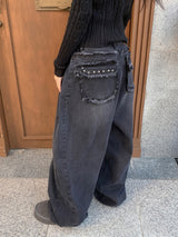 ラフミューズタッセルボールスタッドワイドロングデニムパンツ