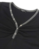 Shirring Henley Neck Long Sleeve Black