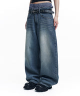 Stripe Lettering Denim Pants - Medium Blue