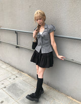 Ession Ribbon Puff V-Neck Check Shirt