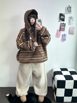 ストライプフリースワンサイドストリングアノラックニットスウェット 💙🩶🧡3COLOR