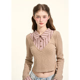 [GirlyFancyClub] high-intelligence miu style*pink and brown striped small lapel faux two-piece knitted top for