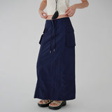  [made/free.xl] [Cheney] String A-Line Cargo Nylon Slit Long Skirt -5color
