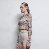 Cowl Neck Cropped Hooded Top [Beige]