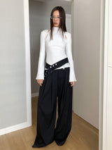 half-turtleneck shoulder slit ribbed long-sleeved T-shirt