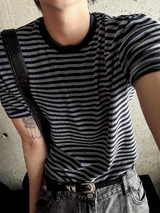 Black & Charcoal Muscle Fit Striped Short Sleeve