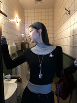 リップネックレイヤードロングスリーブチェックTシャツ