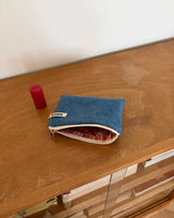 Denim & flower flat pouch - blue , S size