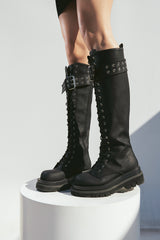 Buckle Lace-Up Walker Boots(Black)