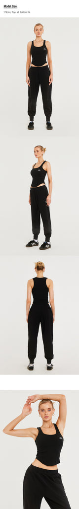 Womens ラウンドカバーステッチタンクトップ (Black)