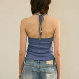 Beads Pigment Halter Neck Sleeveless Blue