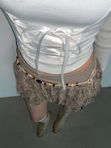 Beige Flower Frill Skirt&Pants