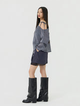One-shoulder Blanc Ribbon Shirring Detail Top, Charcoal