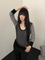 Minami Striped U-Neck 9-Sleeve T-Shirt