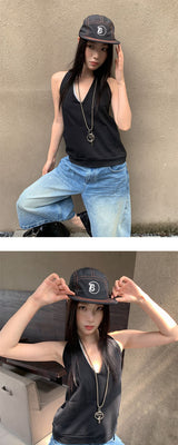 ルーズ ホルター Vネック ポケット ノースリーブTシャツ