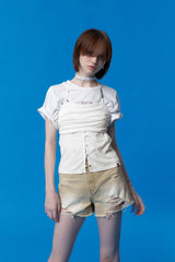 COLLECTION DAMAGE SHORT DENIM PANTS (BEIGE)