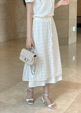 Digen Check Dot String Layered Long Skirt