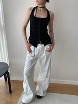 Single buckle ホルターネックレースアップノースリーブ Tシャツ