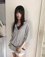 カリーヌリネンオーバーサイズフィットヘンリーネックオフショルダー半袖Tシャツ