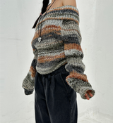 SNOWFLAKE COLOR-BLOCK BROWN OFF-SHOULDER LONG-SLEEVE KNIT