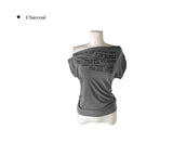 Miu Lettering Off-Shoulder Shirring Short Sleeve T-Shirt