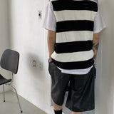 Stripe round neck knit vest 2C
