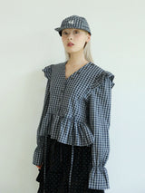 BUTTON CHECK FRILL BLOUSE(BLUE)