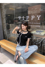 Black Stitch Unbalanced Off-Shoulder Strap Short Sleeve T-Shirt