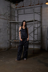 Dirty Washed Wide Cargo Denim Pants - Black
