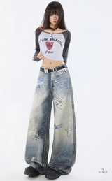 Hand-Painted Distressed High-Waisted Wide-Leg Jeans