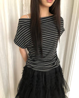 FoitD Side Shirring One-Shoulder Short Sleeve T-Shirt