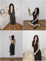 dot halter-neck sleeveless V-neck long dress
