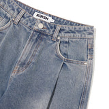 WASHING PIN TUCK NAPPING WIDE-FIT DENIM PANTS [BLUE]