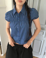 Leahue Checkered Shirring Banding Puff Short-Sleeved Blouse