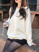 #ヘアリーウールラベルラウンドルーズニット (6color)