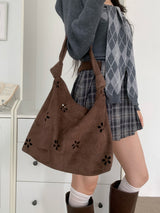 Brown Haze Flower Punching Suede Twist Shoulder Bag (Brown)