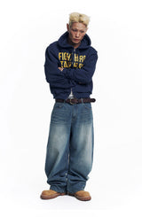 Stripe Lettering Denim Pants - Medium Blue