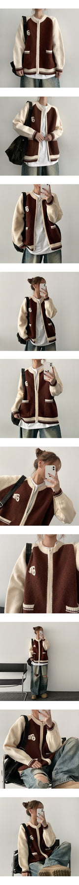 Mussel Raglan Coloring Embroidered Knitwear Zip-Up