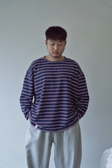 ストライプ バインディングネック ボックス ティー (Dark Navy)