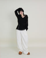 ラバーVネックダメージカットポイント長袖ニット (wool material)