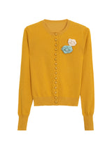 Flower Broach Yellow Round Cardigan